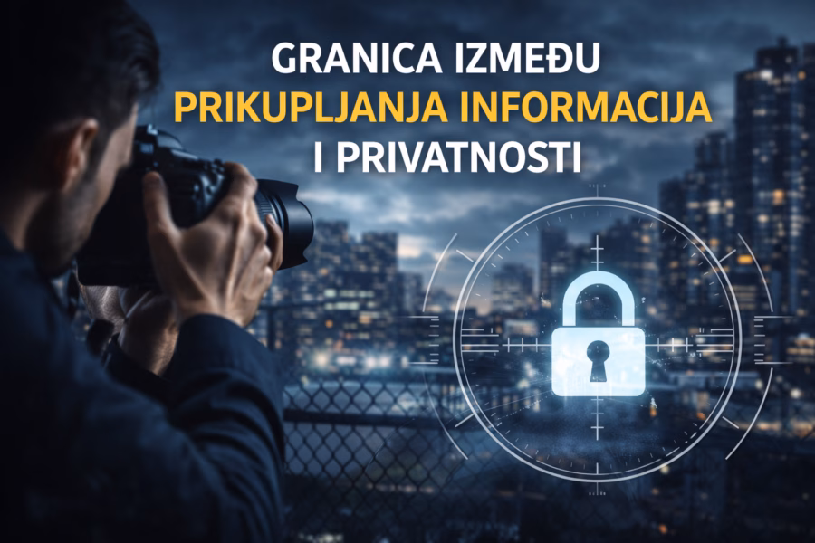 Privatni detektiv fotografira kroz objektiv simbol lokota u gradu, prikaz granice između prikupljanja informacija i privatnosti