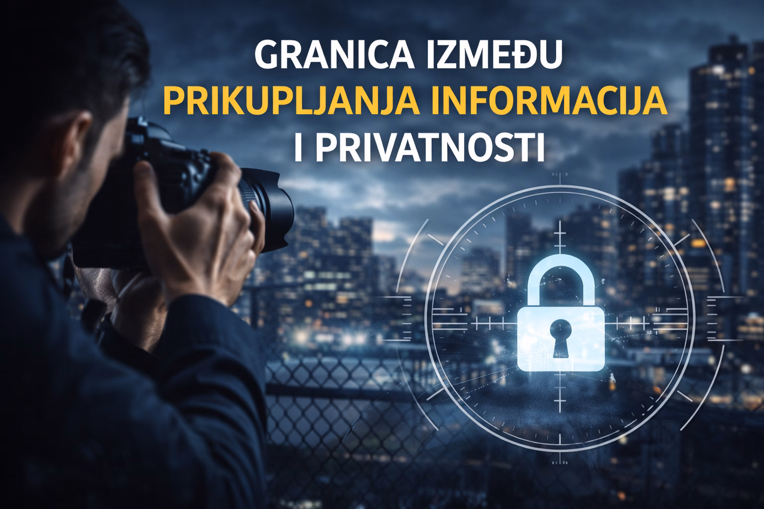 Privatni detektiv fotografira kroz objektiv simbol lokota u gradu, prikaz granice između prikupljanja informacija i privatnosti