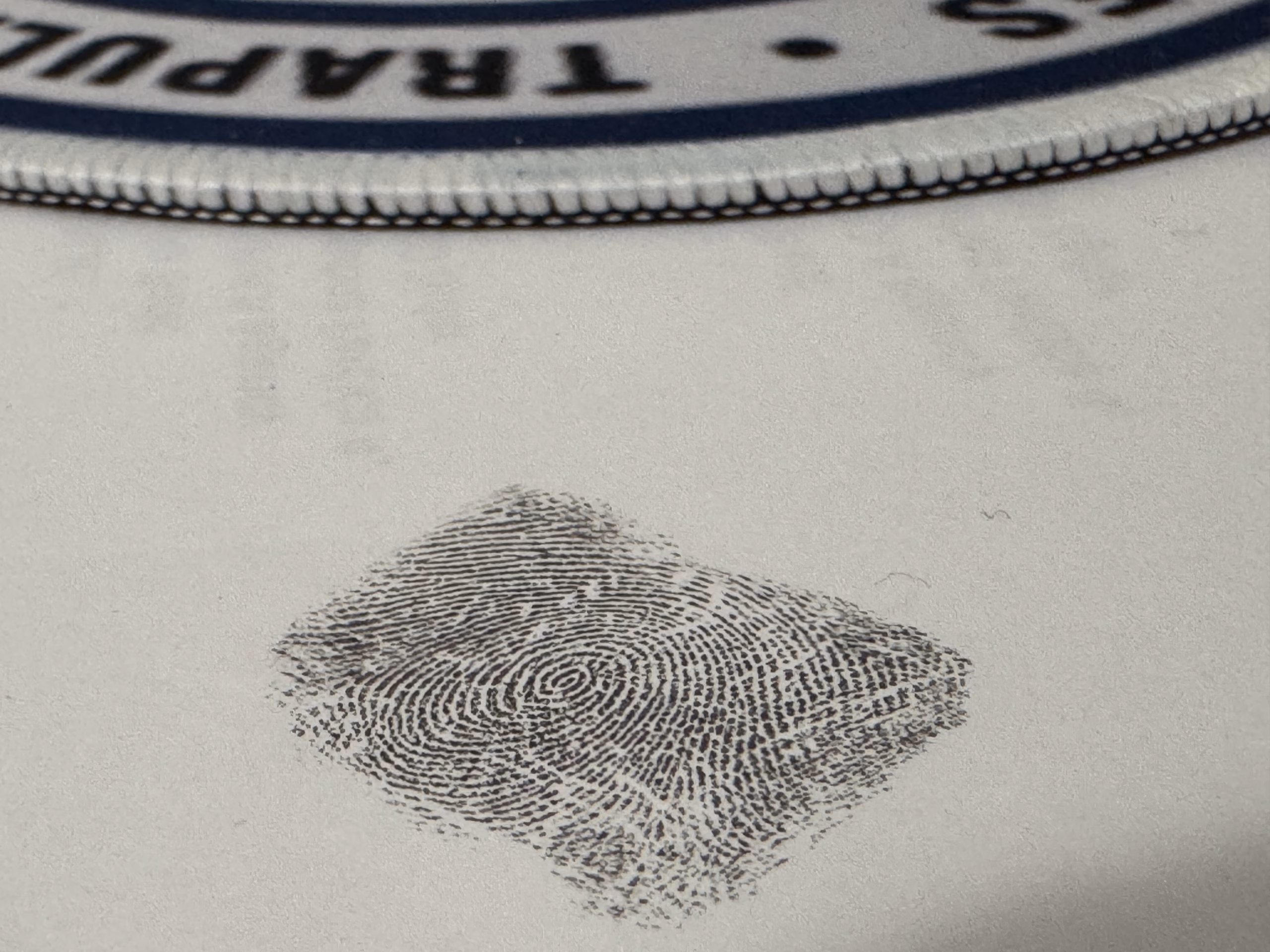 Ink fingerprint impression on a fingerprint card prepared by TRAPULA in Croatia